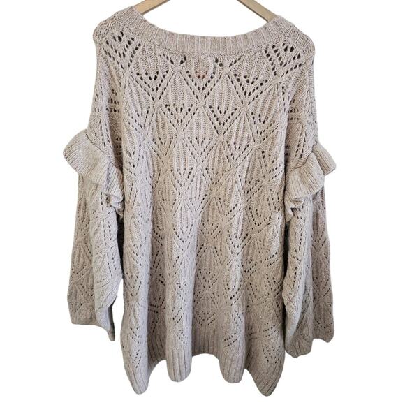 Old Navy Pointelle Knit Sweater Womens Sz 4X Ruffle Trim Metallic Oatmeal Cozy - Picture 3 of 10